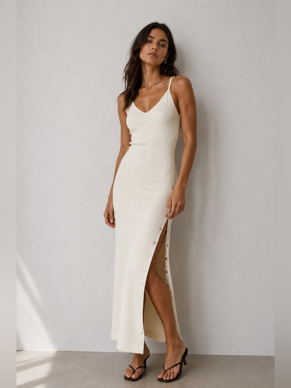 Blogger favorite SLEEVELESS V-NECK SIDE SLIT RIBBED BODYCON MAXI DRESS